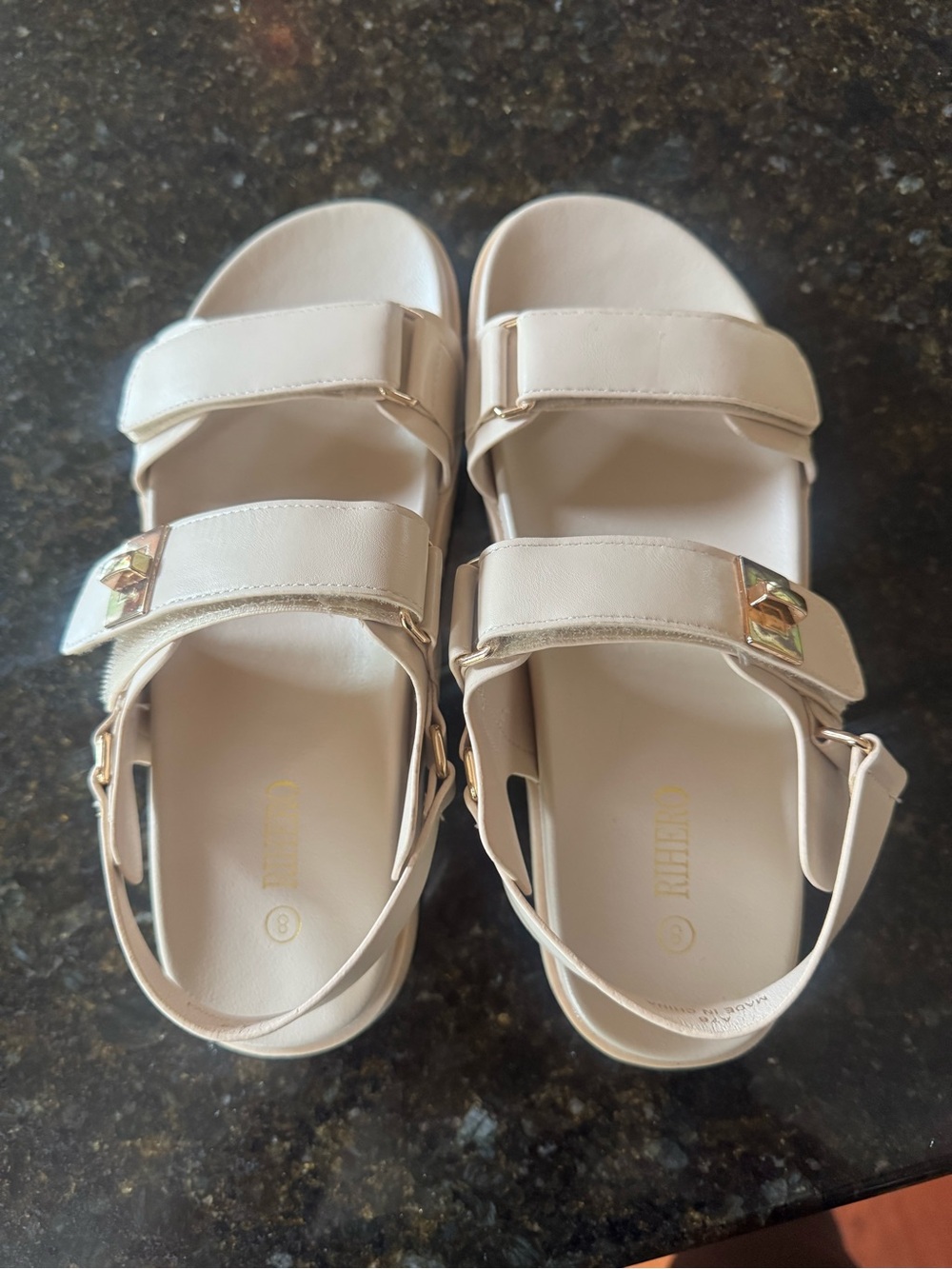 Rihero- Designer Inspired Beige Gold-Accent Double Strap Sandals- Size 8